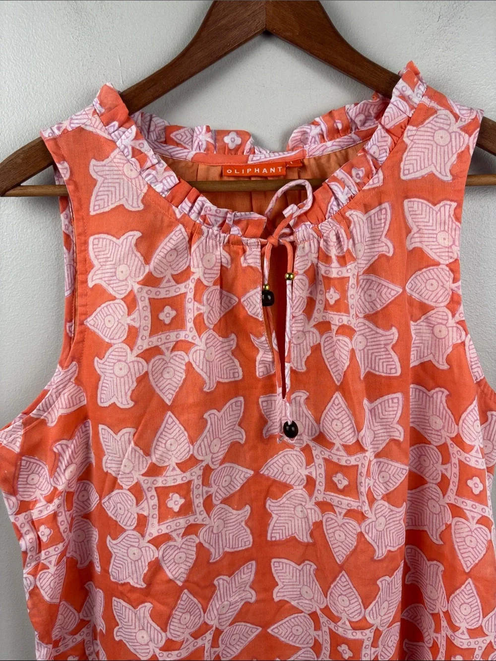 Oliphant Coral and White Printed Midi Dress sleeveless Large ruffled lined